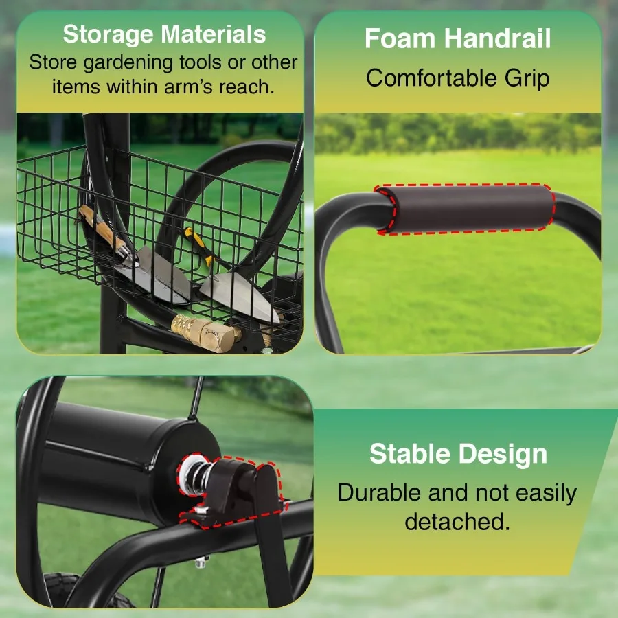야외 정원 물주기용 중형 호스 릴 카트, 300피트 강철 호스 용량, 4개의 바퀴와 보관 바구니 포함, 잔디밭에 이상적
