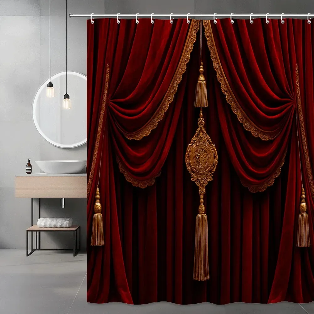 Luxury Red Velvet Theater Curtain Shower Curtain Machine Washable All Season Waterproof Privacy Protection Free Hooks Included