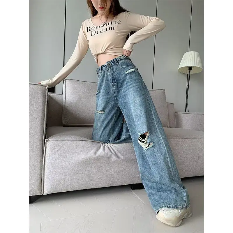 

Waed Distred Men's Jeans Straight Leg Loose Fit High Street Sle Spring Autumn Cotton Polyester Blend Moisture ng