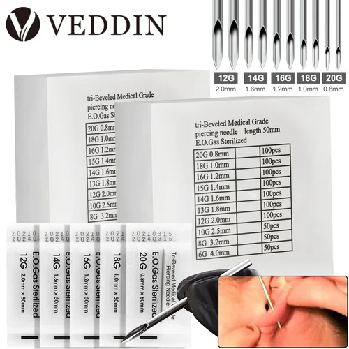 200/100/50/10 Uds agujas de perforación desechables 12G 14G 16G 18G 20G aguja de perforación para oreja nariz ombligo pezón cuerpo Piercing suministro