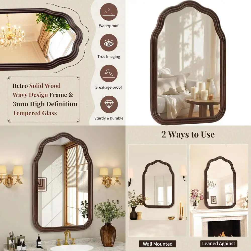 

24x36 Inch Natural Wavy Wood Frame Mirror, Shatterproof Glass for Home Decor (Dark Brown)