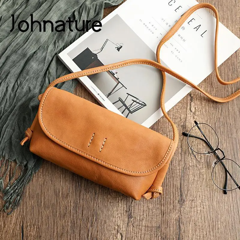 Johnature Handmade Retro Soft Cow Leather Women Bag 2024 New Simple Solid Color Shoulder Bags Leisure Ladies Small Messenger Bag