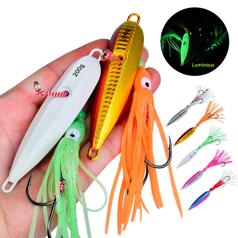 

1pcs Metal Fishing Bait 40g-200g Sinking Sea Bass Lead Jig Luminous 5 Color Artificial Lifelike Jigging Fishing Lure LF159