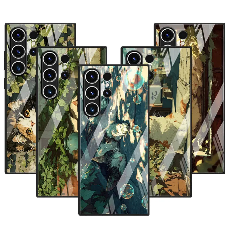 Tempered Glass Case for Samsung Galaxy S26 S24 S22 S23 S25 S20 FE S9 S10 S21 Ultra S8 Plus Wafu Neko Cozy Cat Corner Phone Cover
