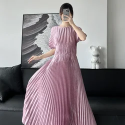 Miyake Pleated Butterfly Sleeves Solid Color Elegant Slim Dress Women's Print Long Dress Beautiful Long Dresses 2024 Summer New