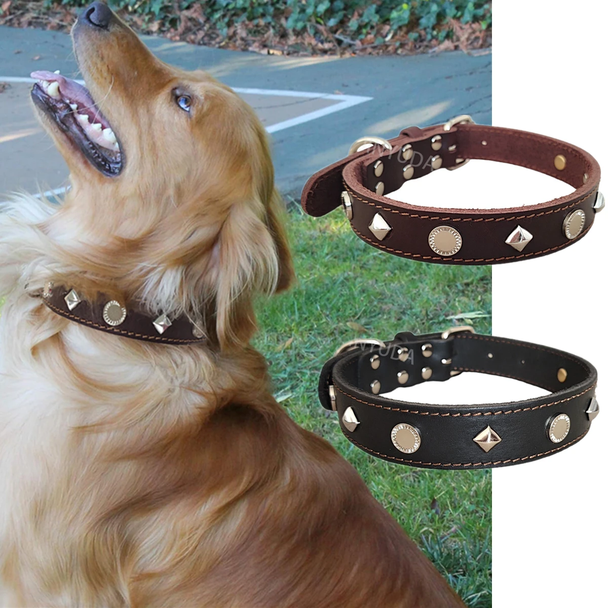 

Mutihome Pet Leather Collar Head Layer Cowhide Leather Dog Collar Neck Collar Neck Cover Neck Collar Full Grain Rivet DogCollar