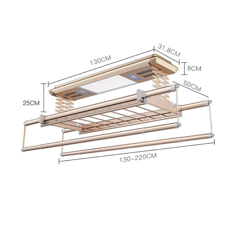 Cremalheira de secagem retrátil com ventilador e luz UV, cremalheira elétrica do teto do auto do alumínio, cor do ouro, 2023