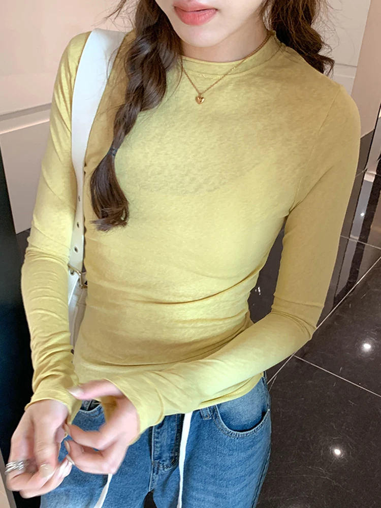 Spring Autumn T Shirt Women Tops Solid Long Sleeve Ruched O Neck Tshirts Female Korean Casual Streetwear High Quality Base Tees