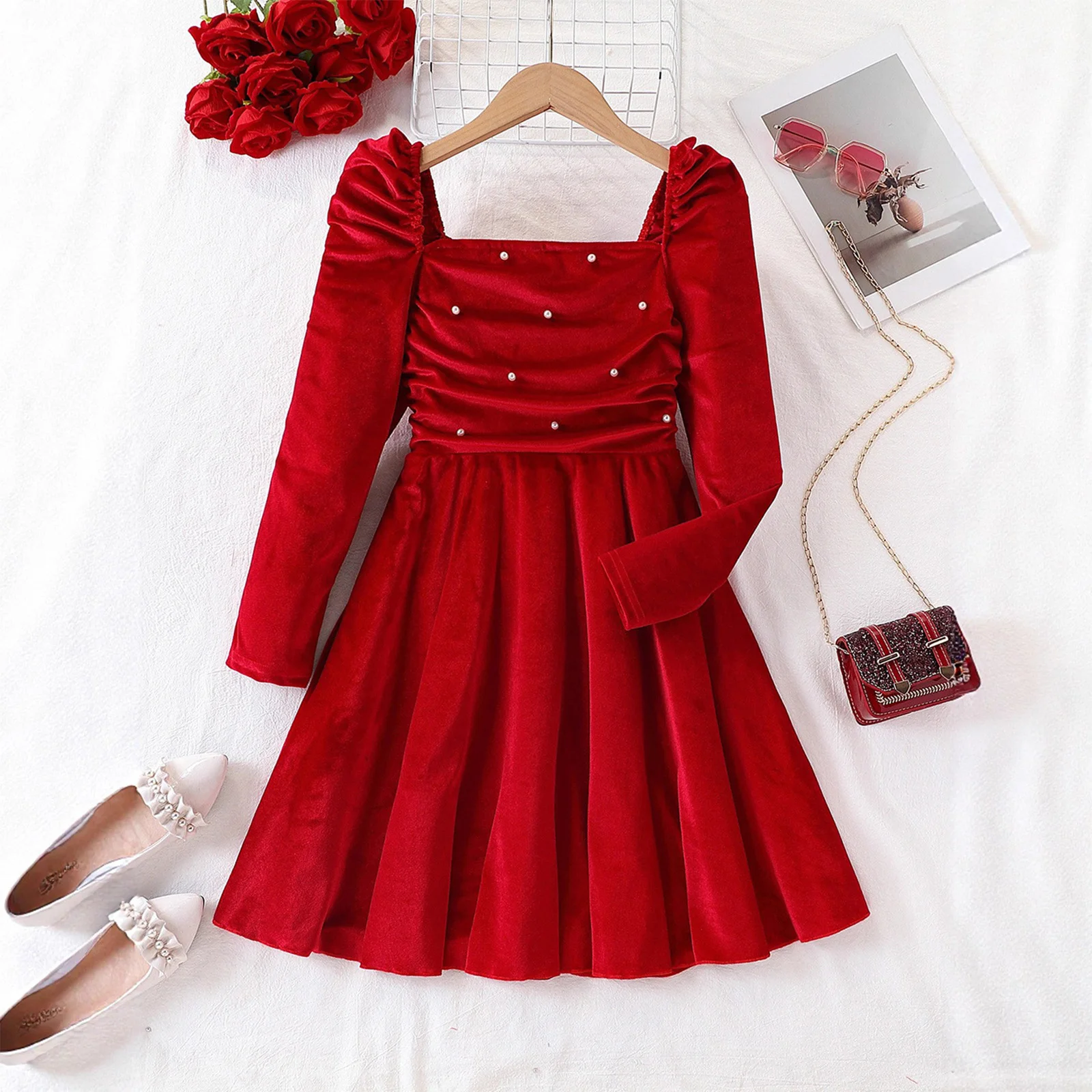 

Toddler Baby Girls Christmas Party Elegant Dress Square Neck Long Puff Sleeves Ruched Velvet Dress for Wedding Holiday Birthday