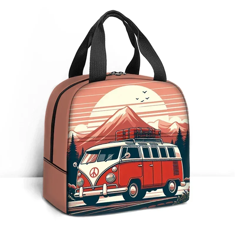 Watercolor Travel Car Print Lunch Bag Electric Motorcycle School Bus Flowers Lunch Box Outdoors Portable Thermal Lunch Bags Gift