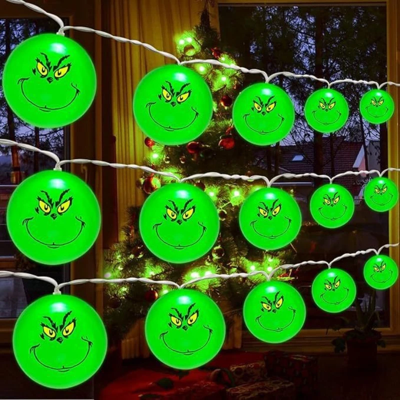 Decoración del día de Halloween, cadena de luces para fiesta, divertidas bolas verdes LEDGrinch, luces colgantes, lámparas de decoración de árbol de Navidad DIY para vacaciones