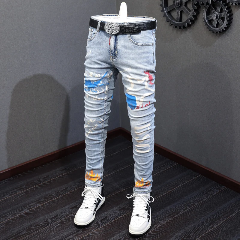 High Street Fashion Men Jeans Retro Light Blue Skinny Fit Vintage Printed Jeans Men Painted Designer Hip Hop Denim Pencil Pants