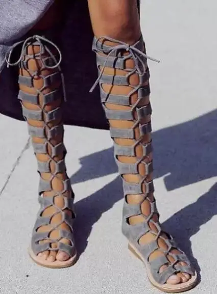 

Gray Brown Black Suede Cross Tied Open Toe Flat Knee High Sandals Boots Women Gladiator Hollow Leisure Slingback Long Boots