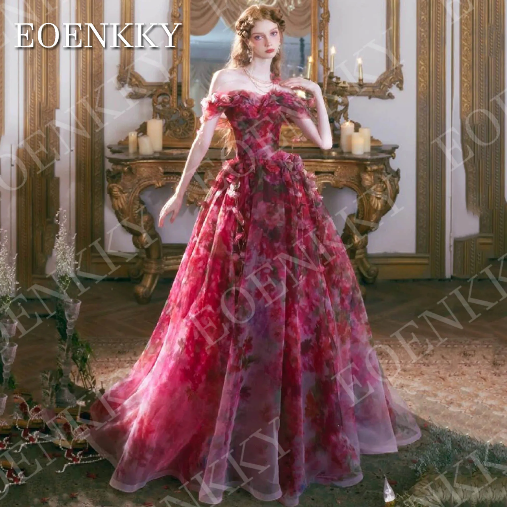 

EOENKKY Off Shoulder Floral Printed Prom Dress Women 2026 Fairy Elegant A Line Graduation Dresses Customized платье на выпускной