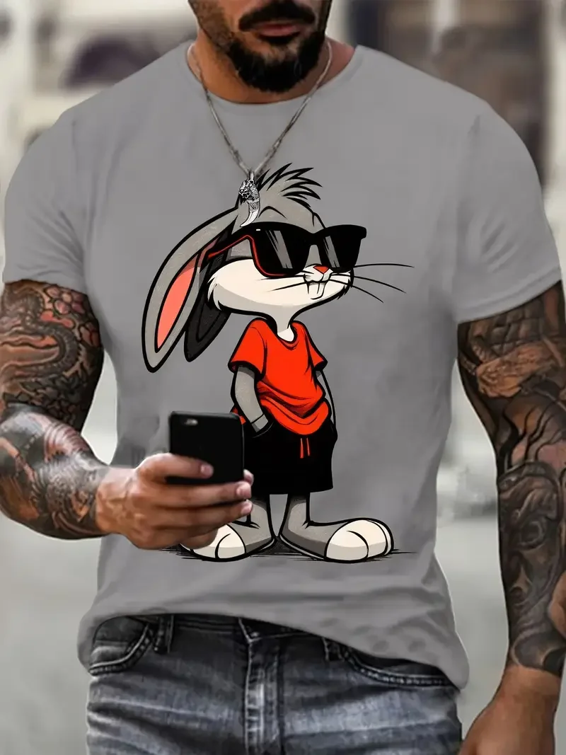 New glasses wearing cartoon rabbit men's T-shirt fashion animal and cartoon print design round neck casual sports men's Clothing image 6