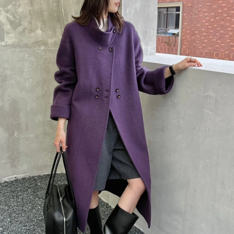 Ladies' 100% wool coat, high-end slimming stand up collar, double breasted loose long woolen coat, autumn and winter bestseller