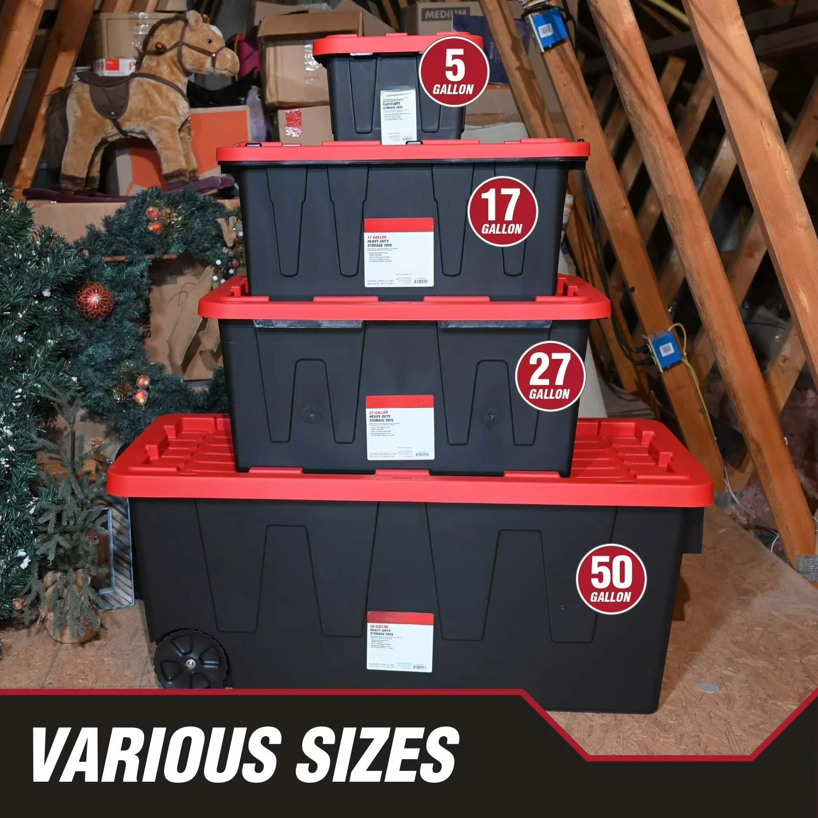 27 Gallon Large Storage Bin with Snap Lid, Black and Red, Heavy Duty Plastic Storage Container