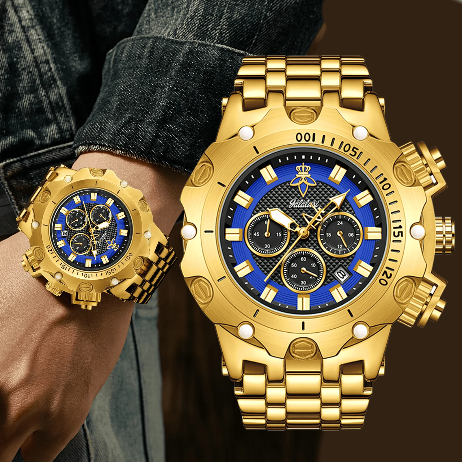 YaLaLuSi Men's Fashion Sport Watch Men's Gold Strap Luxury Waterproof Multifunctional Atmospheric Dial Gift Box Free Shipping