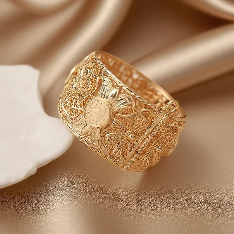 New Napoleon Figure Coin Bracelet Hollow Out Flower Design Side Open Wide Cuff Bracelets Arabic Luxury Bridal Hand Bangles
