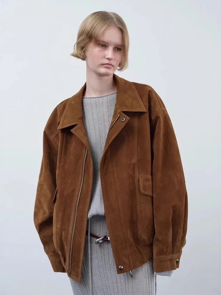 Elborn cor pura gola com zíper couro Jaet feminino outono inverno novo coreano sle commute vintage motocicleta sle leathe...