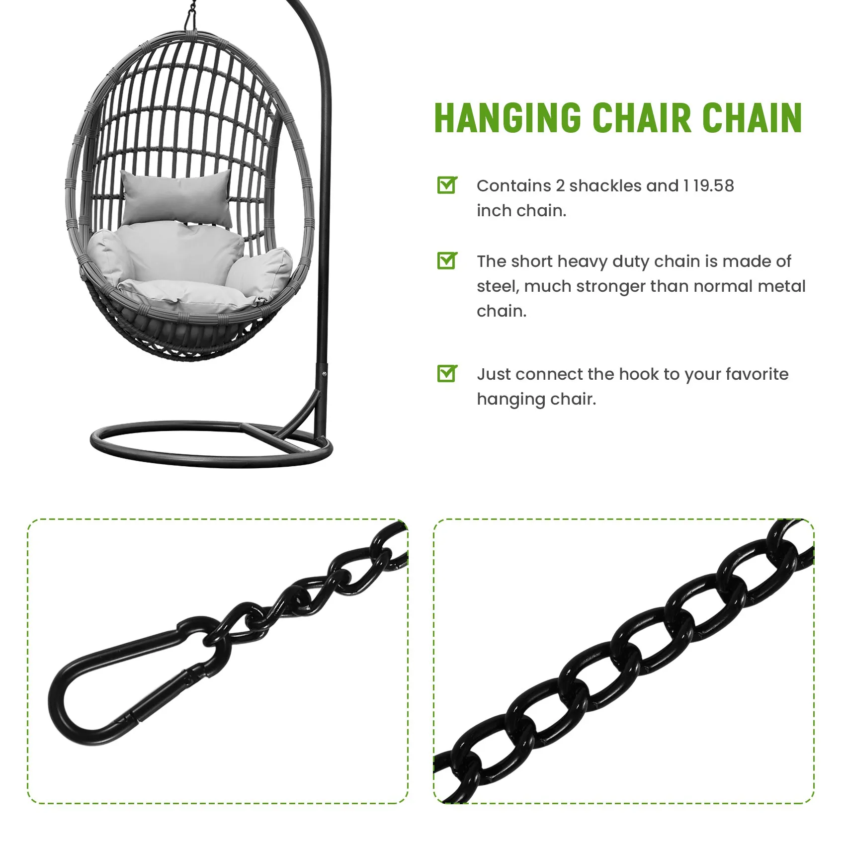 PORK-Steel Hanging Chair Chain With 2 Carabiners, Heavy Duty Porch Swing Hammock Chain Kit,For Hammock Swings(66Cm)