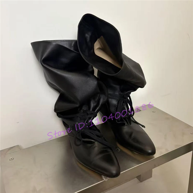 Retro Pleated Leather Thick Heel Knight Boots Autumn Winter New Pointed Toe Lace-Up Knee High Boots Fashion Trend Women Shoes