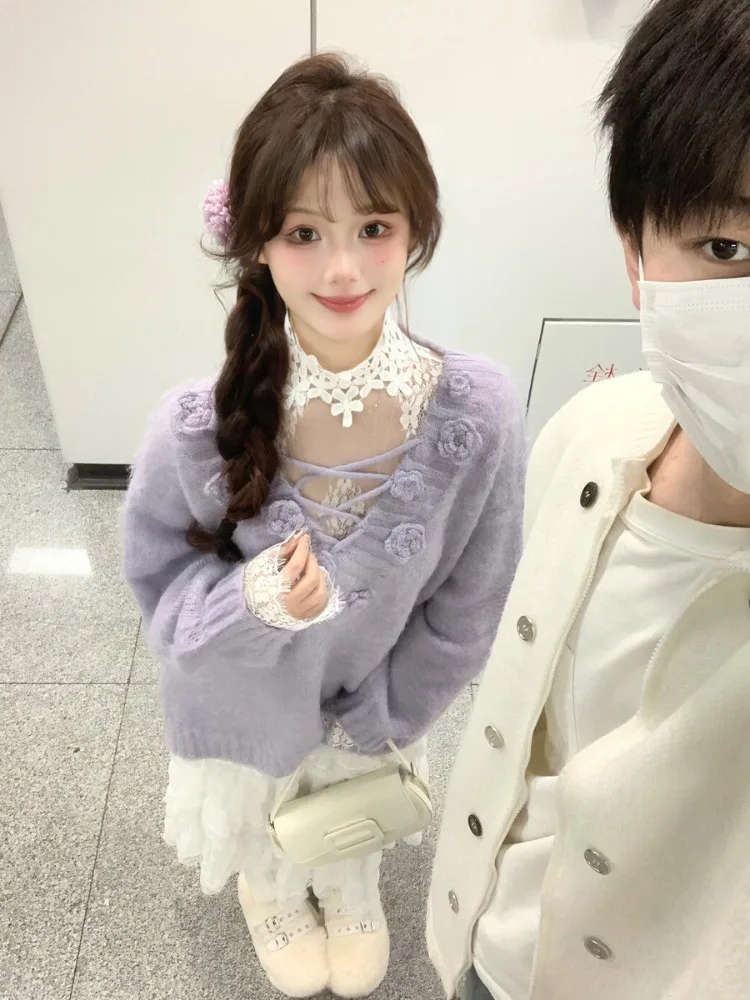 Harajuku Loose Pullover Sweet Knitwear Elegant Vintage Y2k Subculture Sweater Grunge Aesthetics Knitted Coat Fashion Clothing