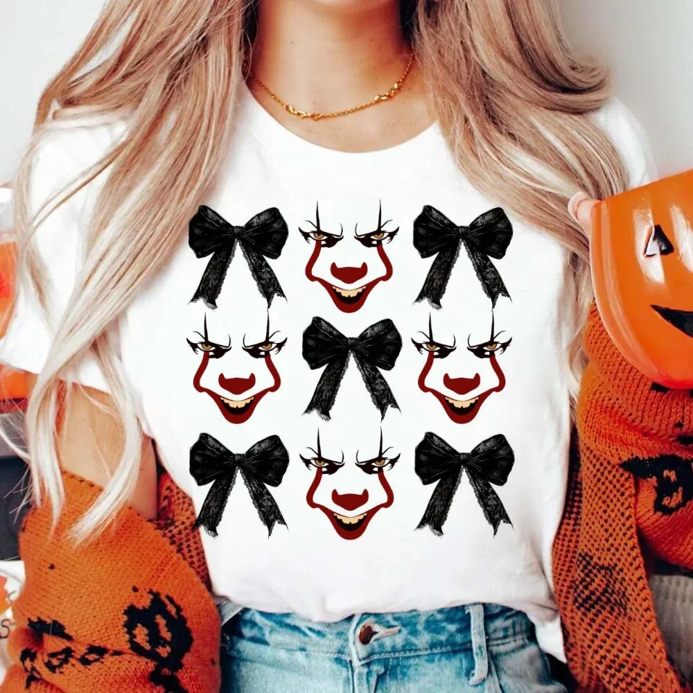 Horror Movie Characters Halloween Coquette Bow T-Shirt Short Sleeved Retro Versatile Printed Fashion 90s Trendy Street Printed T