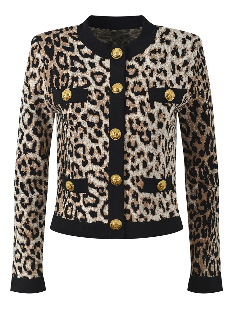 

Элитная версия: Парижский стильный вязаный кардиган с длинными рукавами и круглым вырезом, женский, приталенный, модный, с леопардовым принтом, на пуговицах