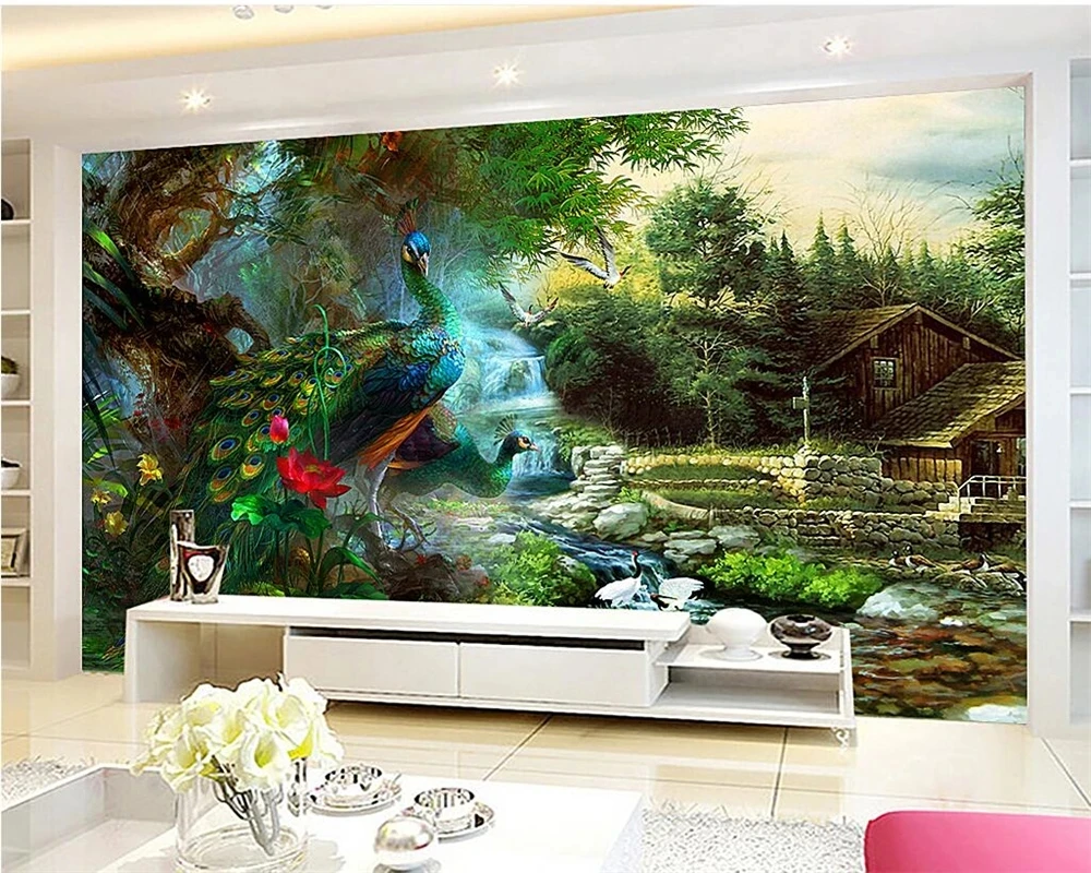 Customized wallpaper colorful peacock 3D photo mural Green Tree woods forest Living room TV background wall bedroom restaurant