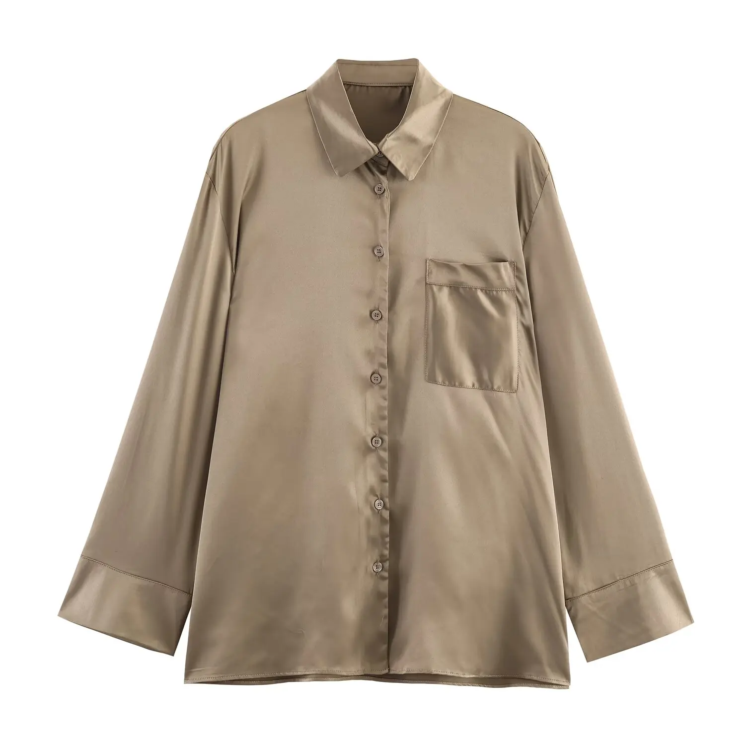 

New Women's Oversized Satin Shirt Single-Button Collar with Pockets Solid Color Long-Sleeve Shirt New Commuter Top for Fall