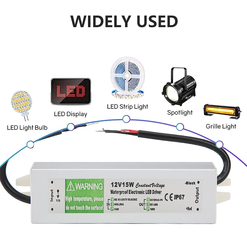 Lighting Transformer 90-250V AC to DC 12V 15W 1.25A LED Driver Adapter Aluminum IP67 Outdoor Waterproof Switching Power Supply