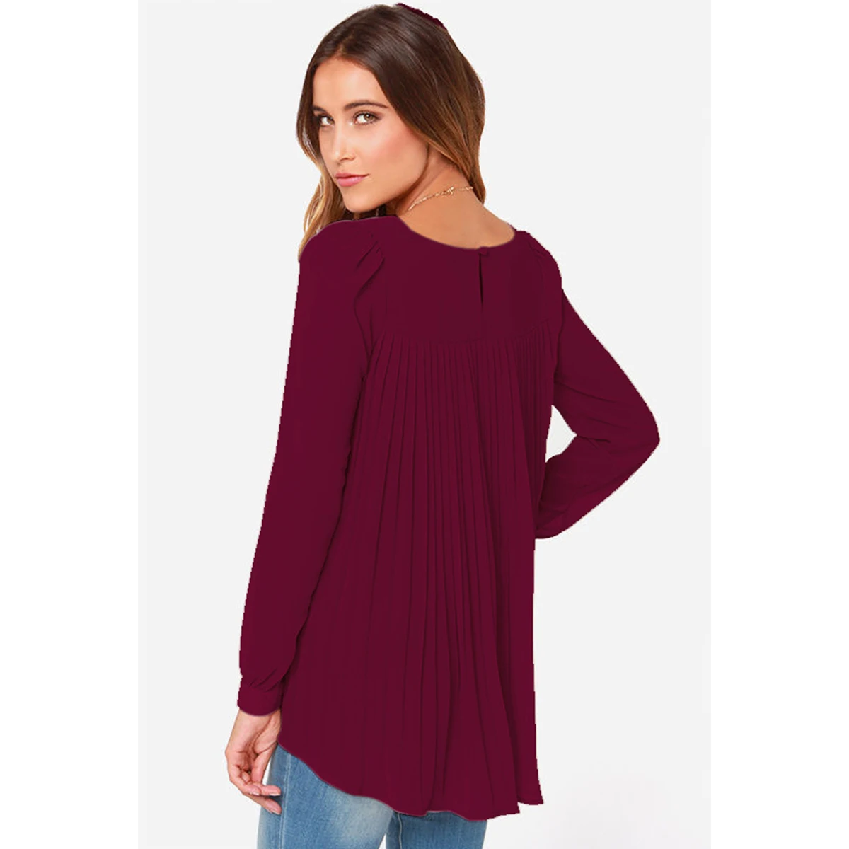 New Women Sexy Casual Loose Chiffon Blouse Long Sleeve Solid Crimp Shirts