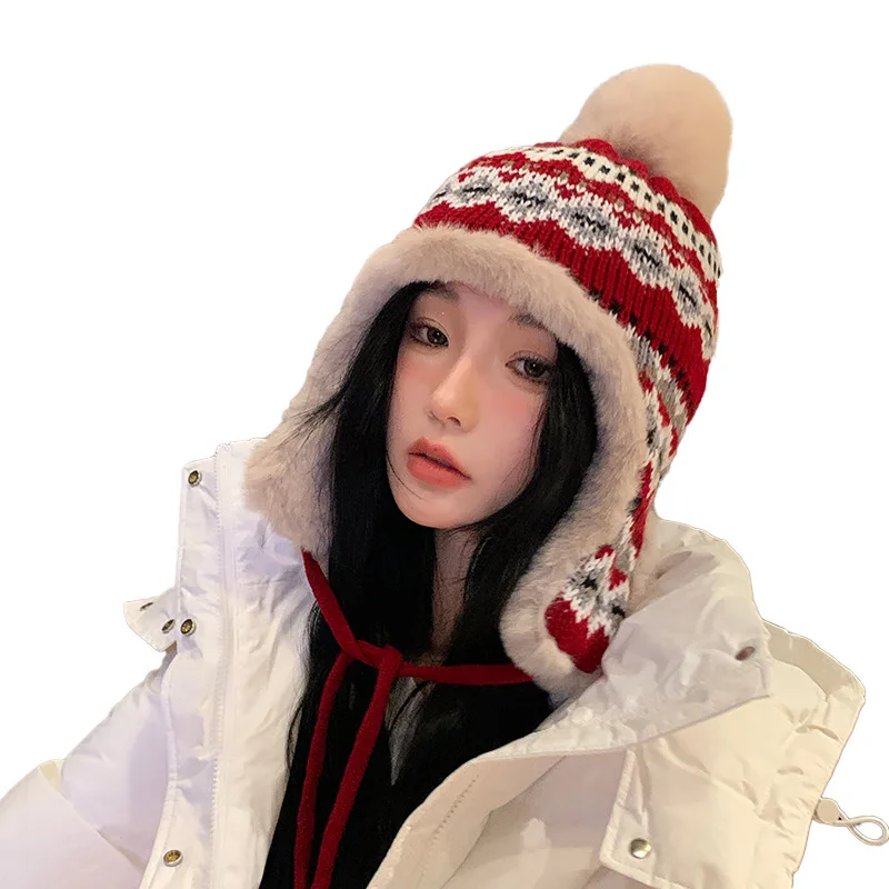 2023 New Knitted Plush Christmas Hat for Women Girls Boys Autumn Winter Outdoor Warm Windproof Vintage Woolen Fashion Femals Cap