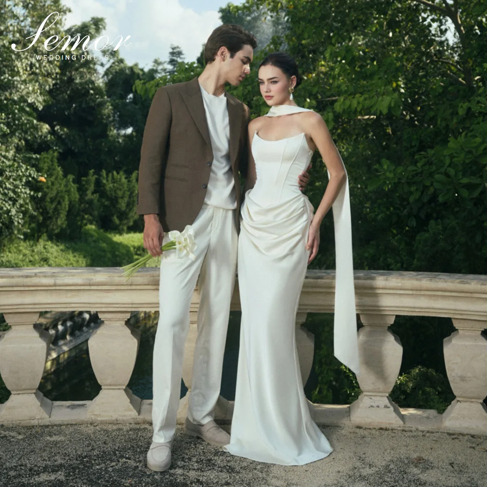 Semor Simple White Satin Mermaid Wedding Dress Long Scarf Strapless Bridal Gown Pleat Floor-Length Vestidos Novia Customized