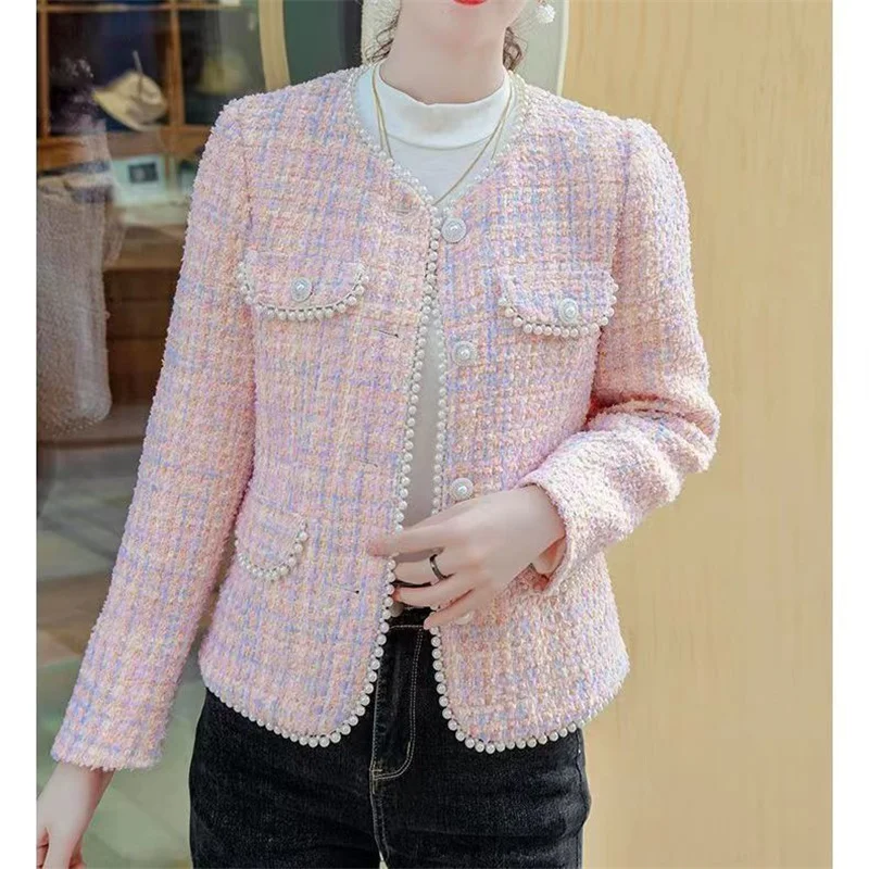 Temperament Women Jacket Famous Lady Coarse Flower Heavy Woolen Cloth Nail Bead 2024 New Fashion Joker Fashion Short Overcoat