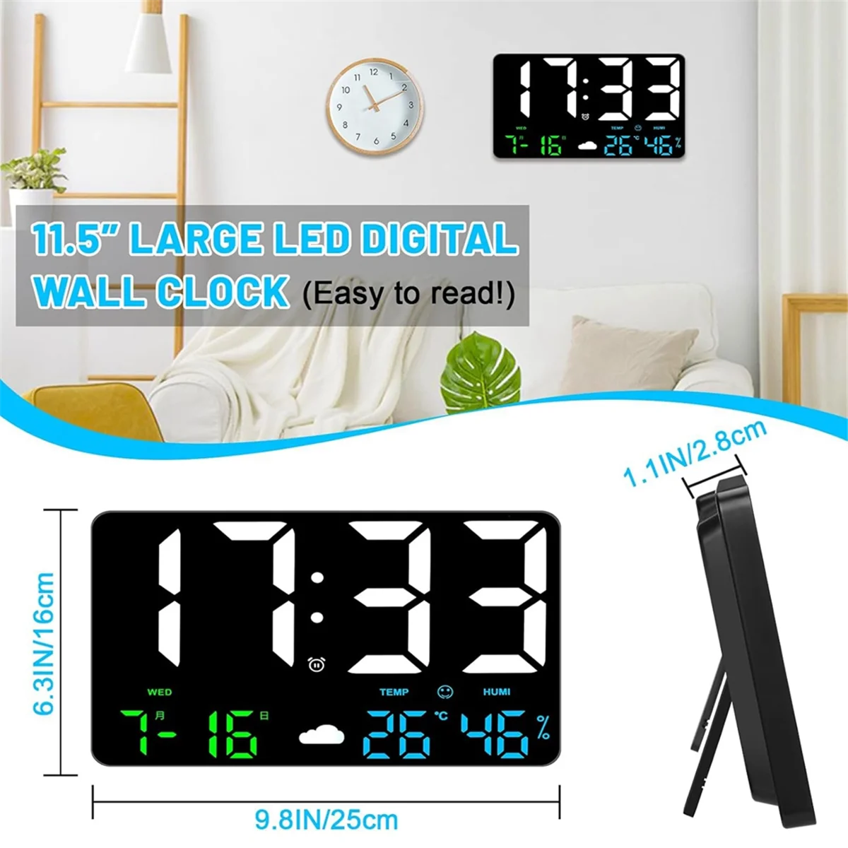 Digitale Wanduhr mit großem Display, 25 cm USB-LED-Digitalwanduhren, Wecker für Schlafzimmer mit Wetterstation