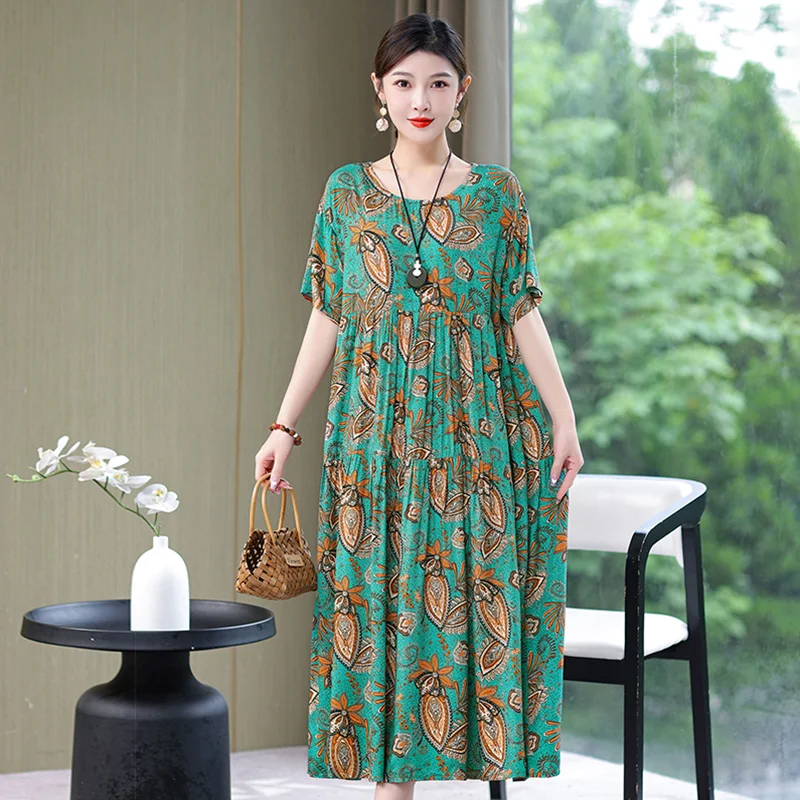Women's Floral Cotton Silk Long Dress Loose Print Pullover Summer 2026 Fashion Leisure Pajamas Female Clothing