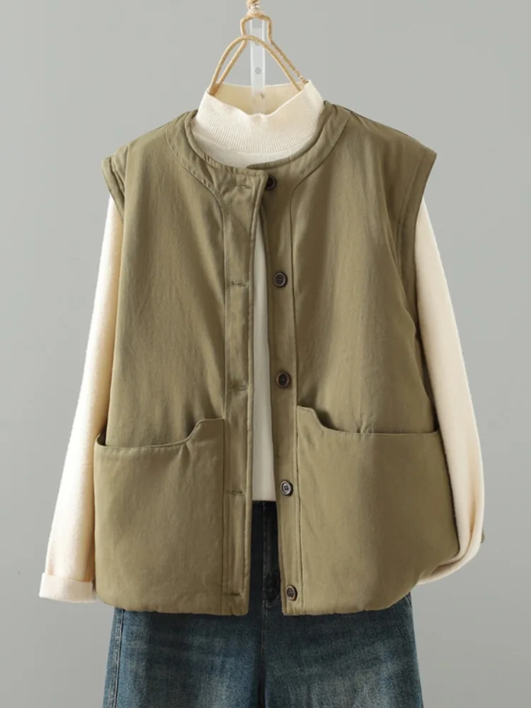 Duży Rozmiar Cienka Bawełniana Ciepła Lniana Okrągła Kamizelka Damska Zimowa Odzież Wierzchnia Warstwowa Kamizelka z Poduszkami na Ramiona Kurtka Bez Rękawów