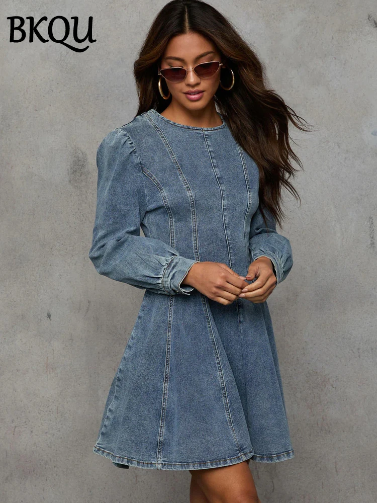 BKQU A-Line Mini Denim Dress Women's Clothing Autumn High Waist Casual Round Neck Long Sleeve Zip Short Vestidos Chic 2024 Dress