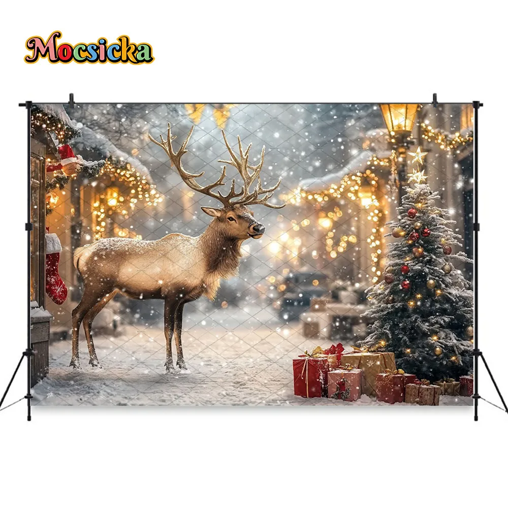 Mocsicka الشتاء الأيائل مزرعة خلفية التصوير الفوتوغرافي الأحمر عيد الميلاد إكليل ندفة الثلج باب خشبي خلفية الاطفال الأسرة استوديو الصور