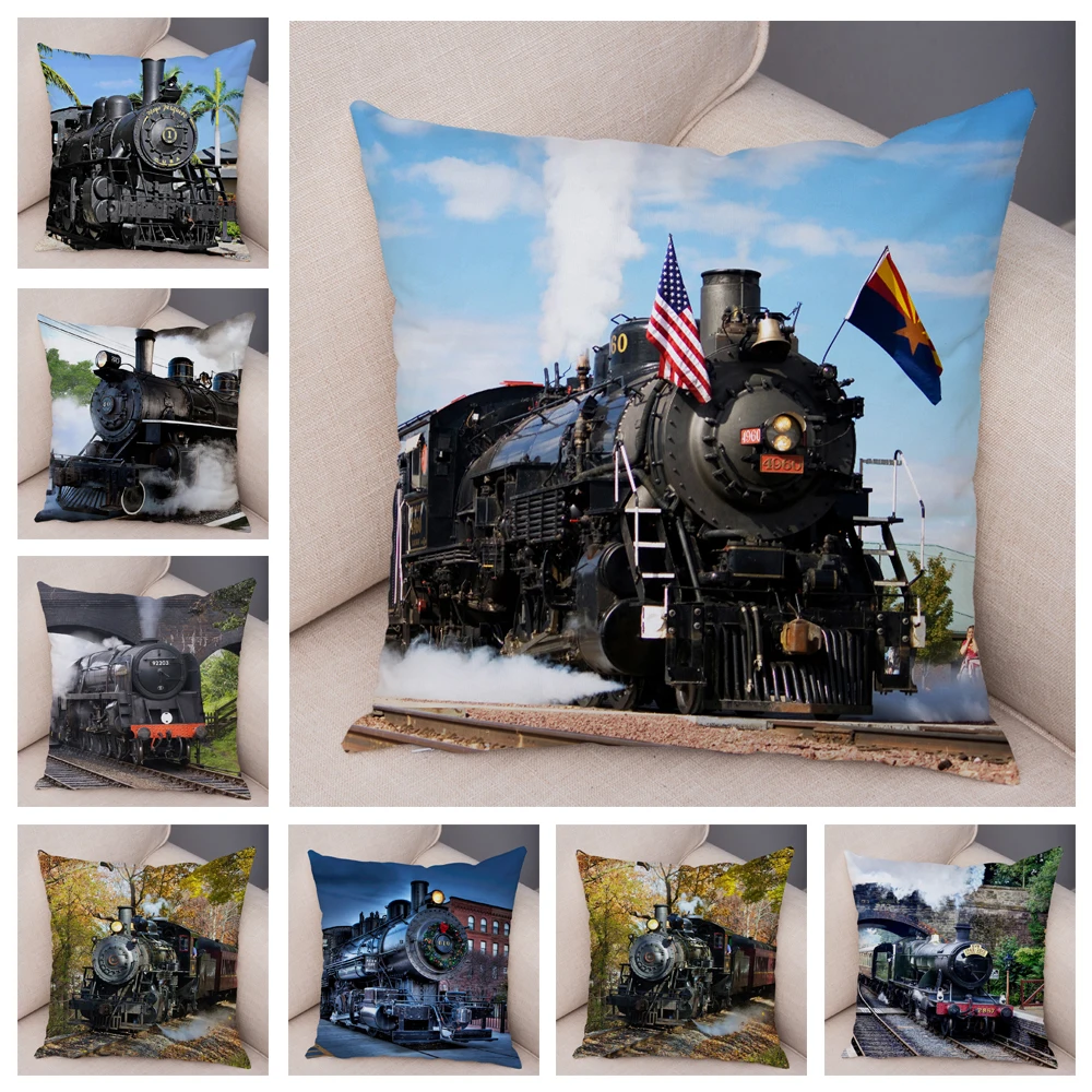 Vintage Style Steam Train Pillow Case Decor Retro Colorful Car Cushion Cover Super Soft Plush Pillowcase for Sofa Home 45x45cm