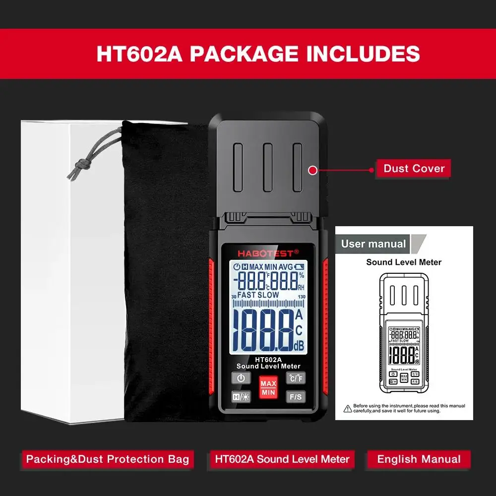 HABOTEST HT602A Schallpegelmesser Digitales Hand-DB-Messgerät HT602B Lärm-Audio-Pegelmesser 30-130 dB Dezibel Mini-Schallmessgerät – Detail 14
