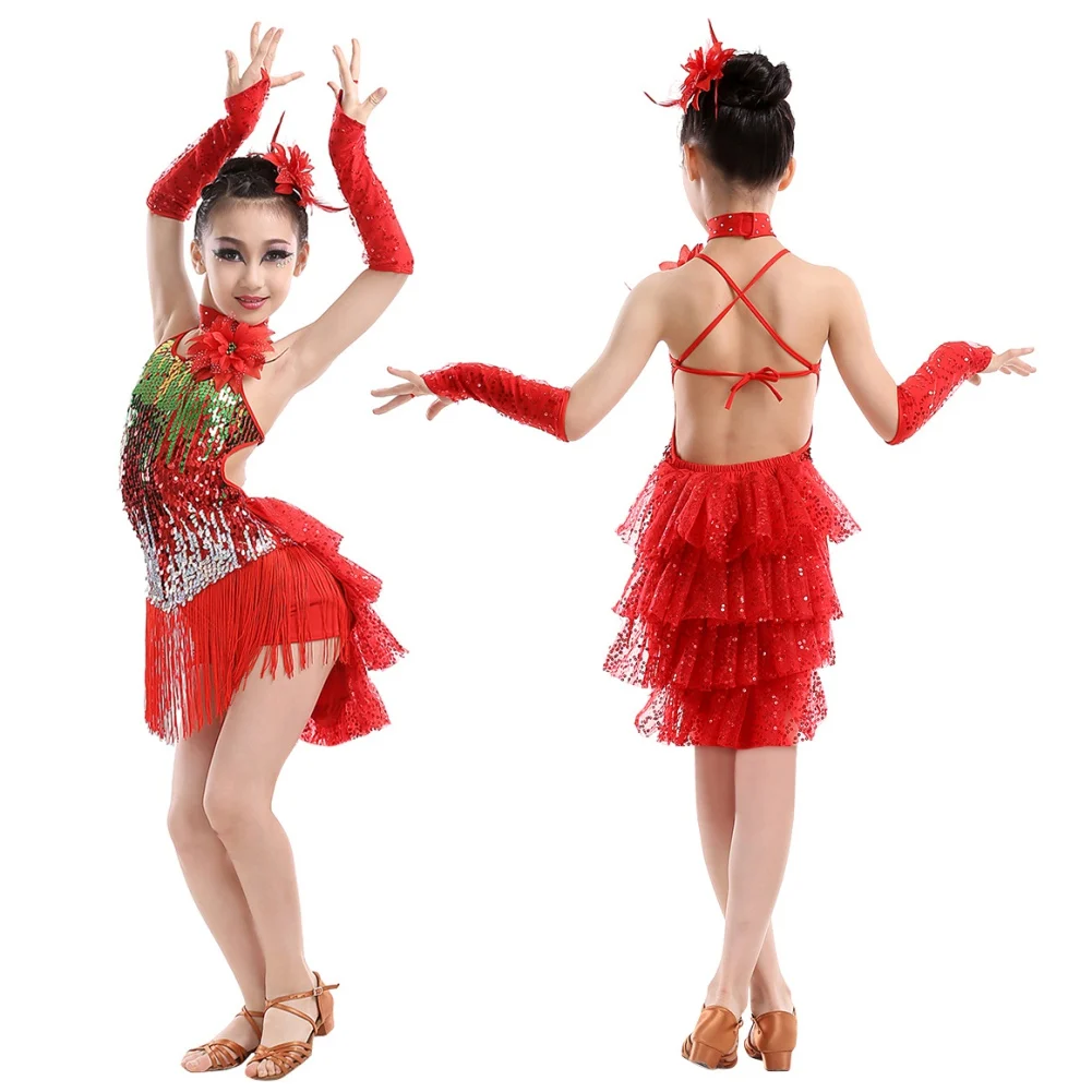 Girl Sling Dress Kids Latin Dance Costume Salsa Chacha Latin Ballroom Dance Clothes Tassels Skirts