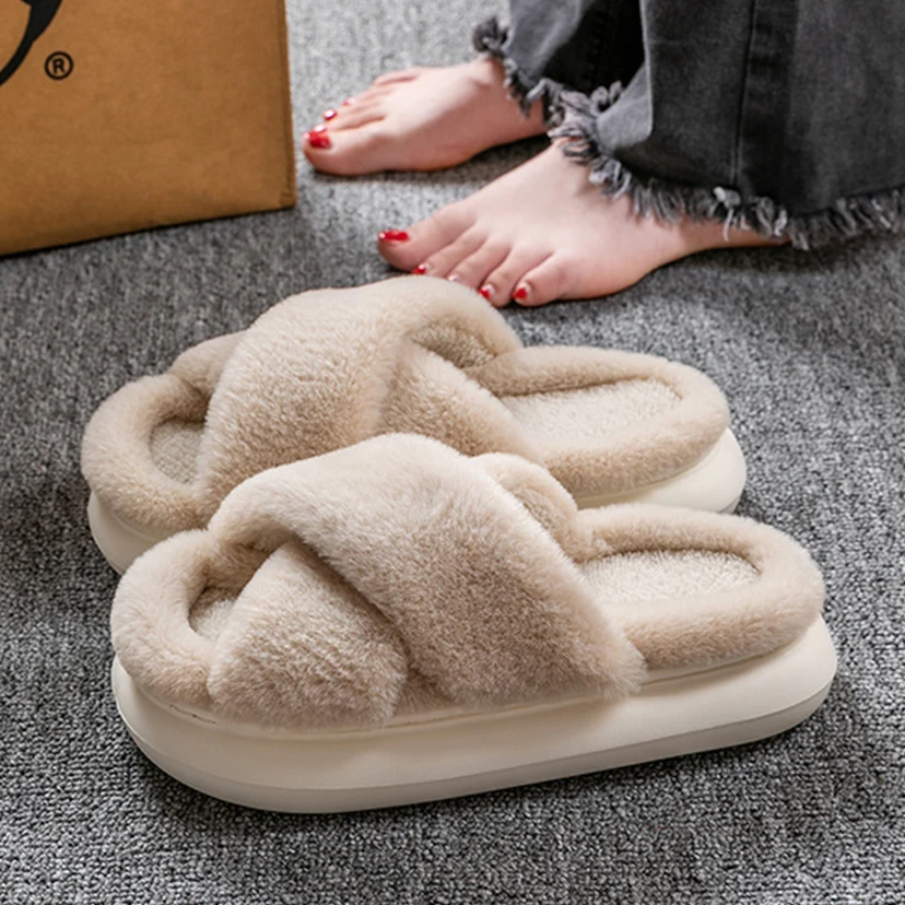 Fluffy Fur Home Slippers Women Winter 2022 New Non-slip Indoor Floor Shoes Thick Bottom Home Cotton Furry Slippers Flip Flops