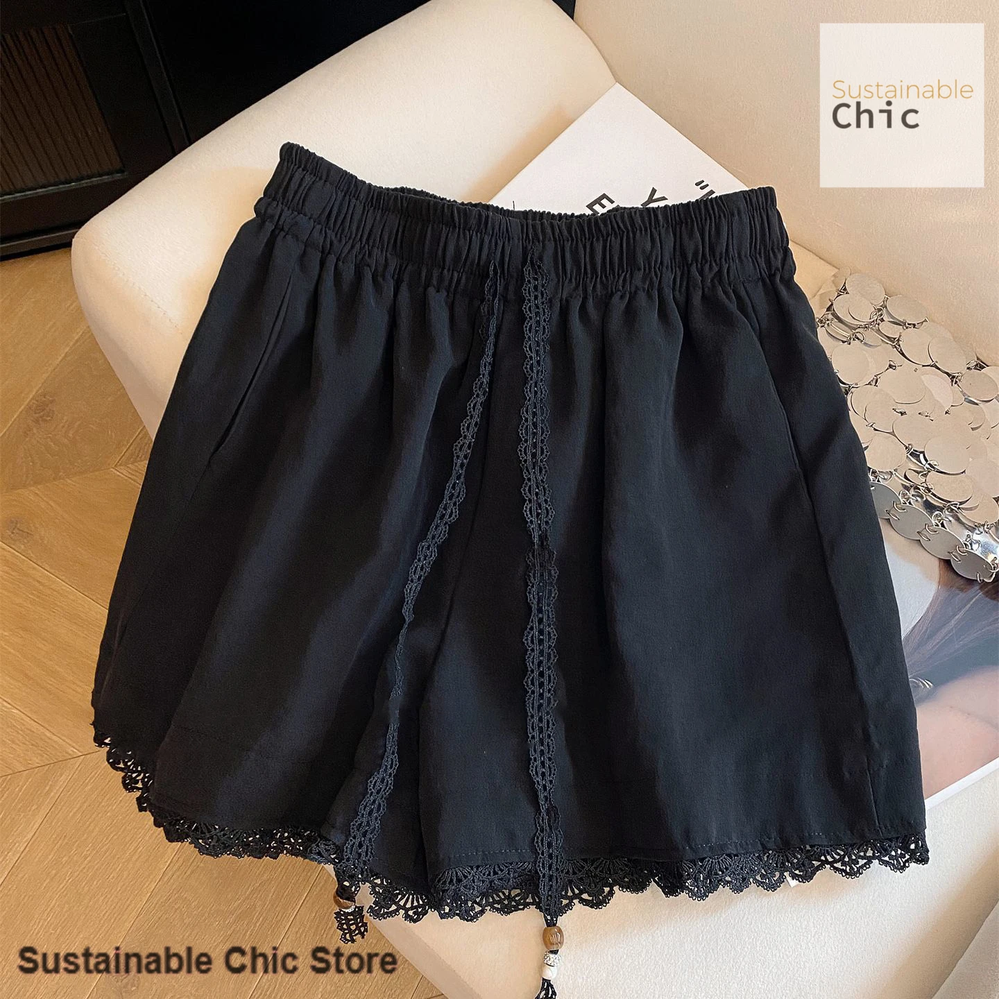 French khaki lace stitching drawstring loose shorts women's spring and summer new retro fashion design Joker wide-leg pants