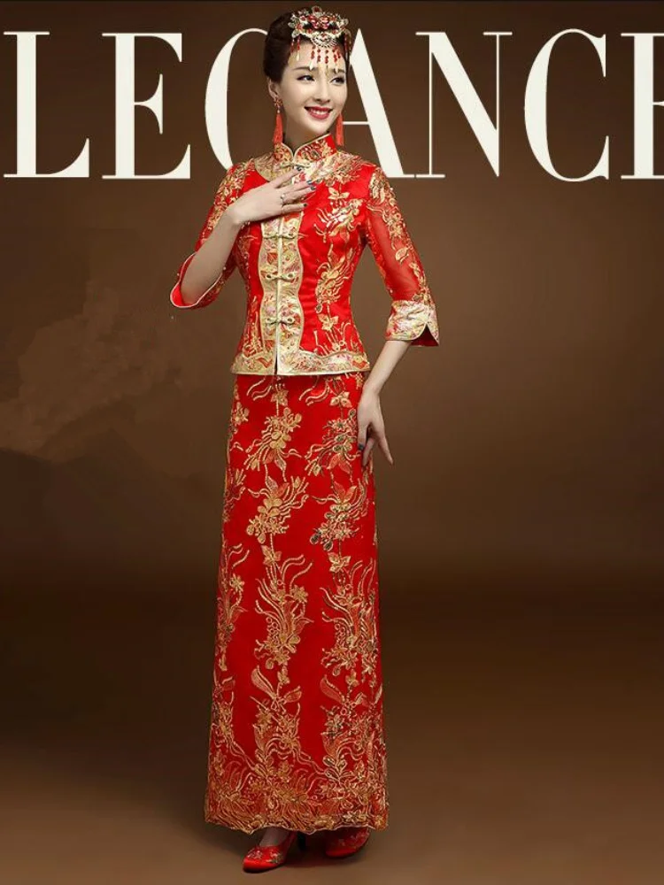 High quality Red Chinese Wedding Dress Female Cheongsam Gold Slim Traditional Women Qipao for Party