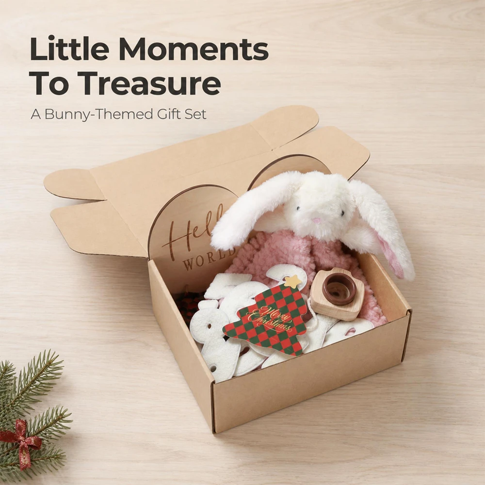 Christmas Bunny Milestone Gift Box Rose Fleece Lovey White Felt Numbers Wooden Camera Natural Wood Newborn Photo Props for Baby