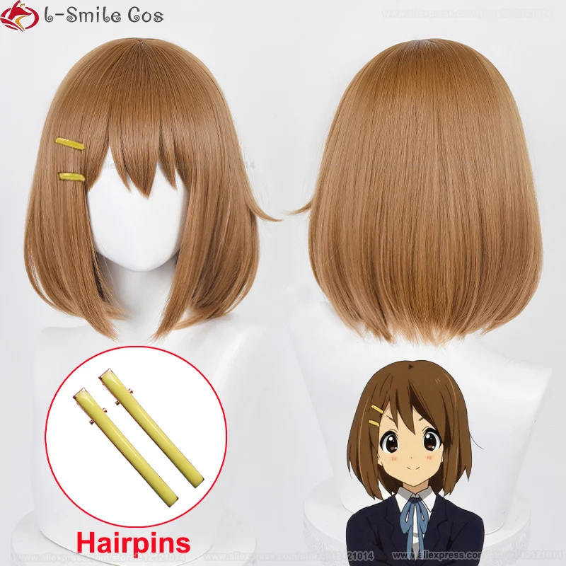 Hirasawa Yui Brown Cosplay Peruca, Anime Hairpins, Cabelo Resistente ao Calor, Peruca de Festa, Boné, 33cm