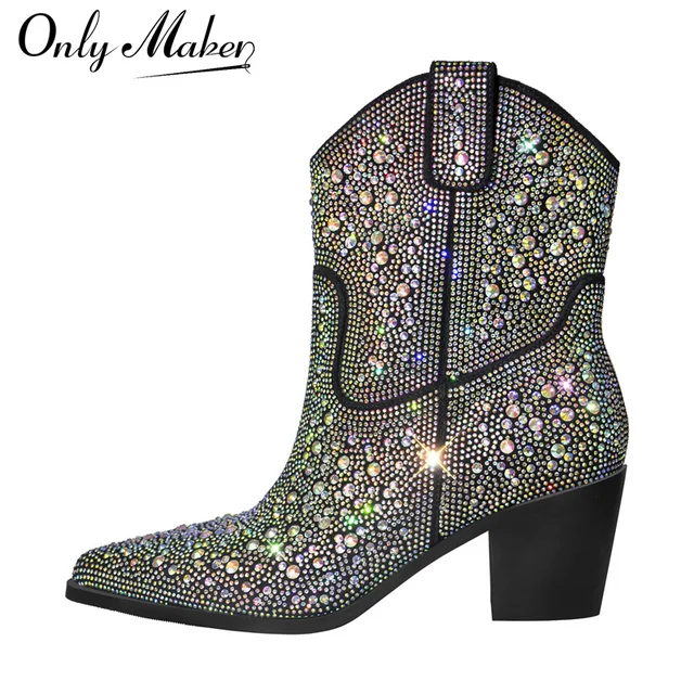 Onlymaker damskie buty ze szpiczastym noskiem i kryształkami srebrny brokat Bling błyszcząca ładna wspaniała sukienka buty kowbojki